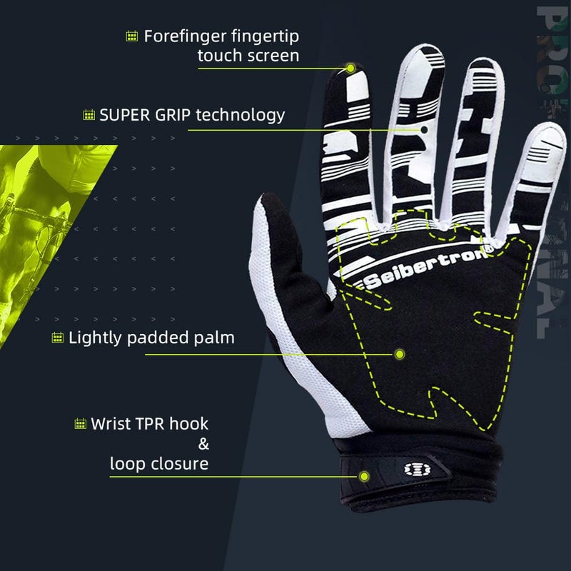 Seibertron قفازات سبيرترون للجنسين MX ATV MTB للسباق - قفاز كامل الأصابع مع شاشة تعمل باللمس للدراجات الهوائية وركوب الجبال والدراجات النارية وموتوكروس أبيض M - Image 4